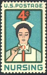 1961 postal stamp of a nurse lighting a candle
