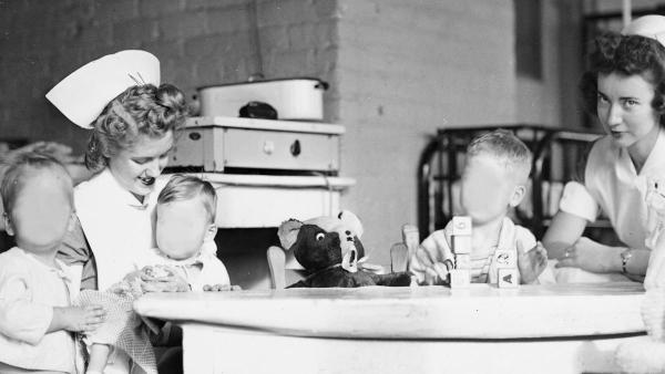 A favorite photographic subject -- student nurses and children, c. 1945.	Courtesy of Historical Collections & Services, Claude Moore Health Sciences Library, University of Virginia.
	