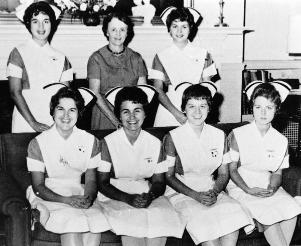 Student government members, 1962.	Front Row (left to right): Loretta Secrist; Sharon Napier, President; Janet Seager, Vice-President; Donna Riley. Back Row: Barbara Paquette; Carrie Boyle, Director of Admissions and Senior Class Advisor; Ann Lindgren.