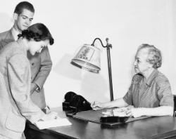 Nursing students in 1950 dated and socialized -- but under the watchful eyes of the McKim housemothers.	Jacqueline Sweetwood (later Brownfield), DIPLO 1951, her date, and house mother Miss Hester B. Slade. Eleanor Crowder Bjoring Center for Nursing Historical Inquiry, University of Virginia School of Nursing.